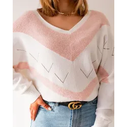 Chevron Colorblock V-Neck Batwing Sleeve Knit Sweater