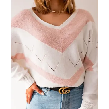 Chevron Colorblock V-Neck Batwing Sleeve Knit Sweater