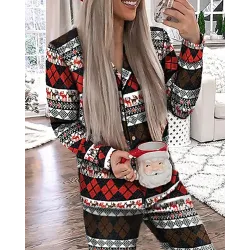 Christmas Argyle Deer Print Casual Pajamas Set