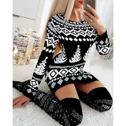 Christmas Fair Isle Pattern Print Long Sleeve Bodycon Dress