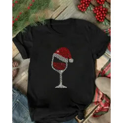 Christmas Hat Wine Glass Print Short Sleeve T-shirt