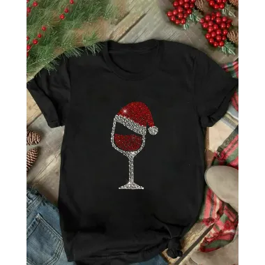 Christmas Hat Wine Glass Print Short Sleeve T-shirt