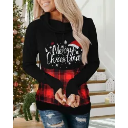 Christmas Letter Plaid Print High Neck Sweatshirt