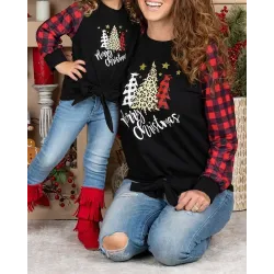 Christmas Long Sleeve Tree Letter Plaid Print Top