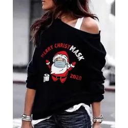 Christmas Santa Letter Print Cold Shoulder Sweatshirt