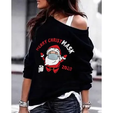 Christmas Santa Letter Print Cold Shoulder Sweatshirt