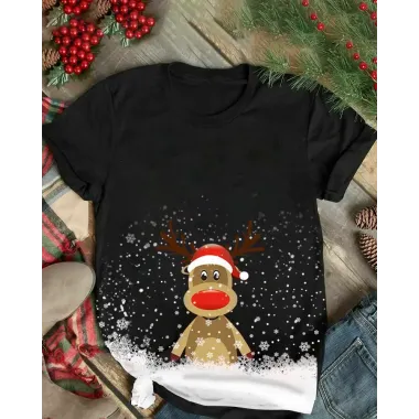 Christmas Snowflake Cartoon Elk Print Short Sleeve T-shirt