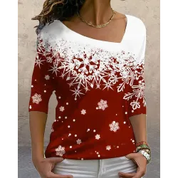 Christmas Snowflake Print Asymmetrical Neck Top