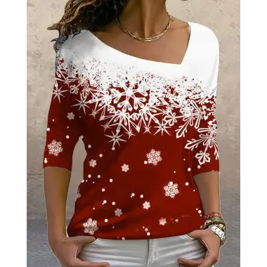 Christmas Snowflake Print Asymmetrical Neck Top