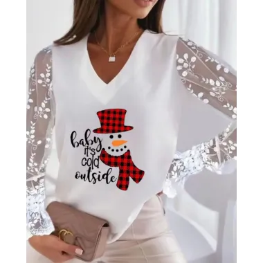 Christmas Snowman Print Contrast Lace Long Sleeve Top