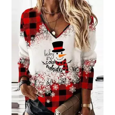 Christmas Snowman Snowflake Plaid Print Long Sleeve Top