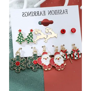 Christmas Tree Elk Jingle Bell Snowflake Shaped Drop Stud Earrings Set