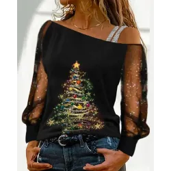 Christmas Tree Print Contrast Mesh Cold Shoulder Top