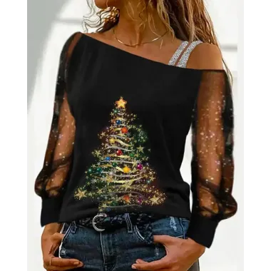 Christmas Tree Print Contrast Mesh Cold Shoulder Top