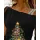 Christmas Tree Print Contrast Mesh Cold Shoulder Top