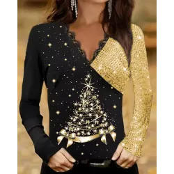 Christmas Tree Print Contrast Sequin Long Sleeve Top