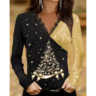 Christmas Tree Print Contrast Sequin Long Sleeve Top