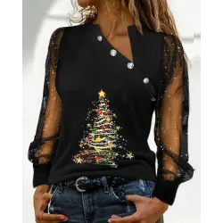 Christmas Tree Print Glitter Sheer Mesh Long Sleeve Top