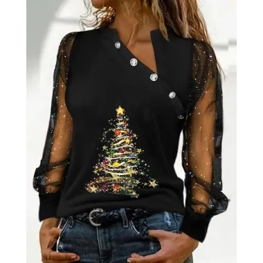 Christmas Tree Print Glitter Sheer Mesh Long Sleeve Top