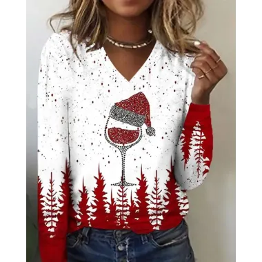 Christmas Tree Wine Glass Print Long Sleeve Top