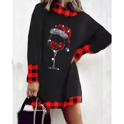 Christmas Wine Glass Plaid Print Casual Dress