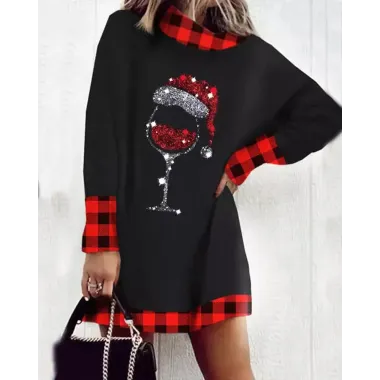 Christmas Wine Glass Plaid Print Casual Dress