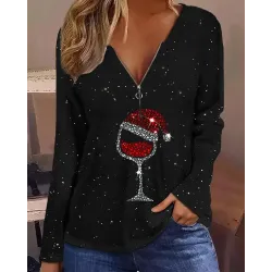 Christmas Wine Glass Print Long Sleeve Top