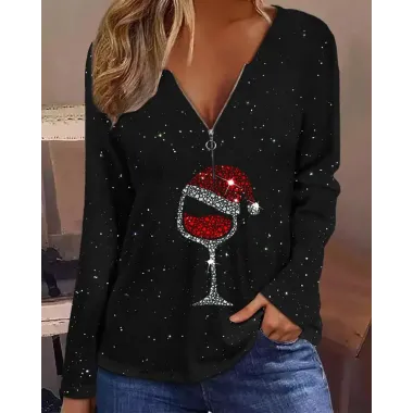 Christmas Wine Glass Print Long Sleeve Top