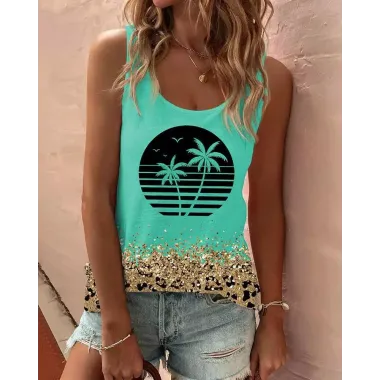 Coconut Tree Contrast Leopard Print Tank Top