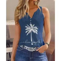 Coconut Tree Letter Print Notch Neck Buttoned Tank Top