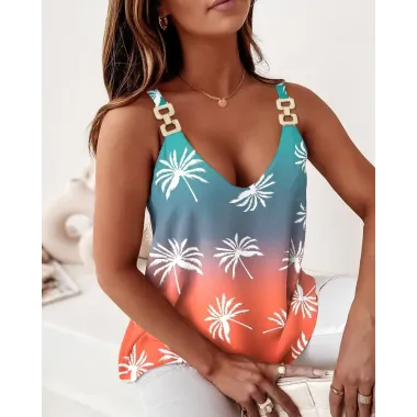 Coconut Tree Print Ombre Chain Strap Tank Top