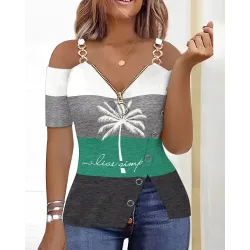 Coconut Tree Print Striped Colorblock Slit Cold Shoulder Top