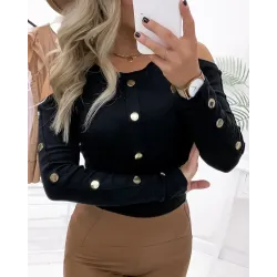 Cold Shoulder Buttoned Long Sleeve Top