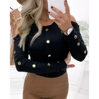 Cold Shoulder Buttoned Long Sleeve Top