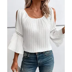 Cold Shoulder Contrast Lace Bell Sleeve Top