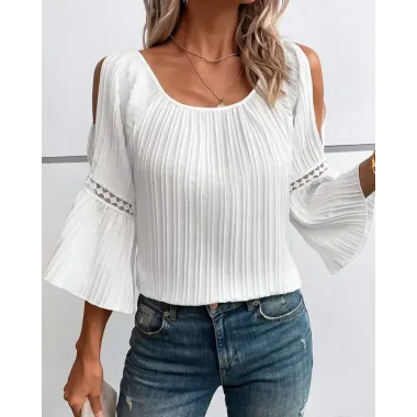 Cold Shoulder Contrast Lace Bell Sleeve Top