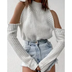 Cold Shoulder High Neck Long Sleeve Knit Sweater