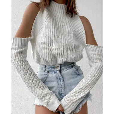 Cold Shoulder High Neck Long Sleeve Knit Sweater