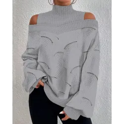 Cold Shoulder Lantern Sleeve Hollow-out Knit Sweater