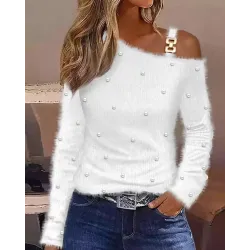 Cold Shoulder Long Sleeve Beaded Fluffy Top