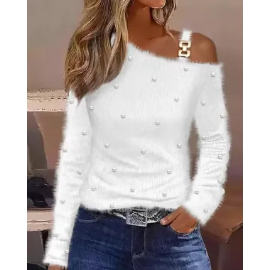 Cold Shoulder Long Sleeve Beaded Fluffy Top