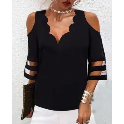 Cold Shoulder Mesh Patch Scallop Trim Top