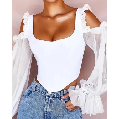 Cold Shoulder Mesh Sleeve Top