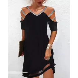 Cold Shoulder Rhinestone Sheer Mesh Patch Casual Dress