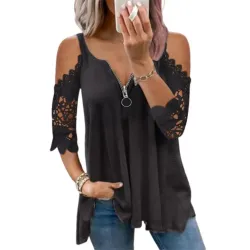 Cold Sleeve Zipper Front Lace Trim Top