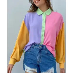 Colorblock Button Front Long Sleeve Shirt