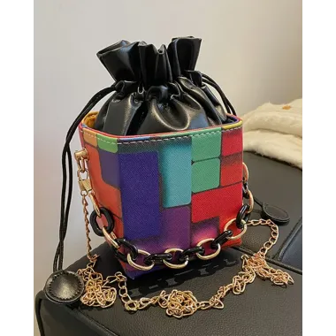 Colorblock Chain Strap Drawstring Bucket Bag