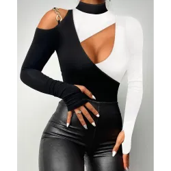 Colorblock Cold Shoulder Cutout Long Sleeve Top