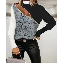 Colorblock Contrast Lace Zip Front Long Sleeve Top