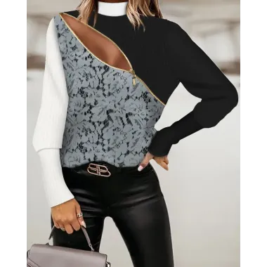 Colorblock Contrast Lace Zip Front Long Sleeve Top